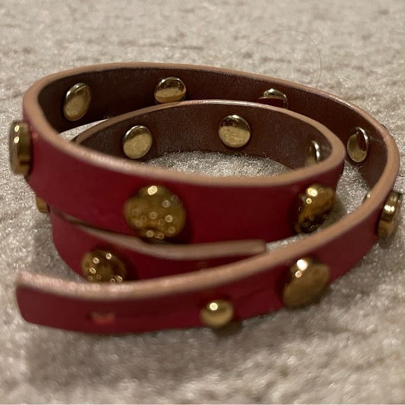 TORY BURCH Leather Strap Logo Studded Double Wrap Bracelet Pink - Picture 2 of 6